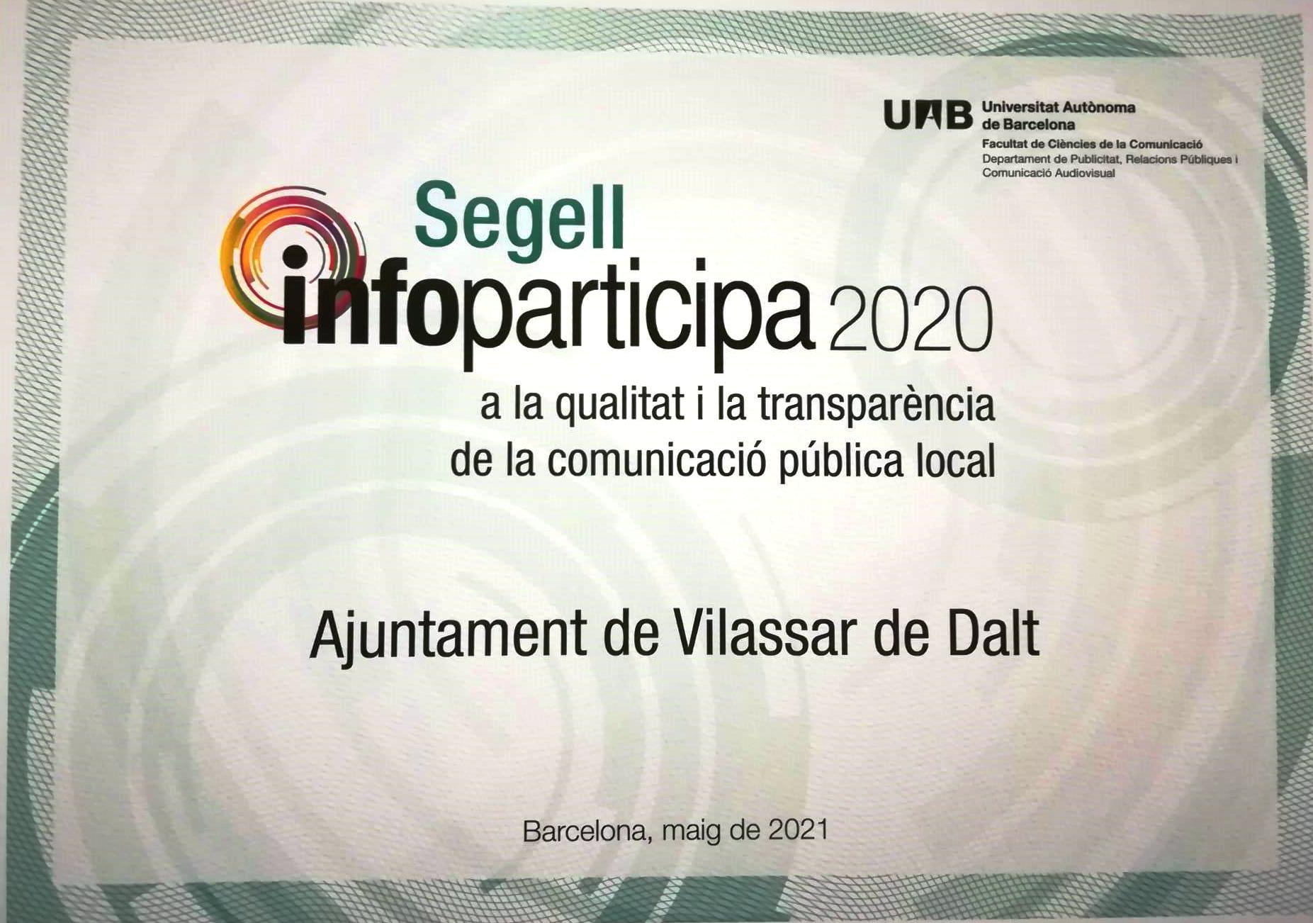 L'Ajuntament de Vilassar rep el Segell Infoparticipa de transparència i bon govern 2020