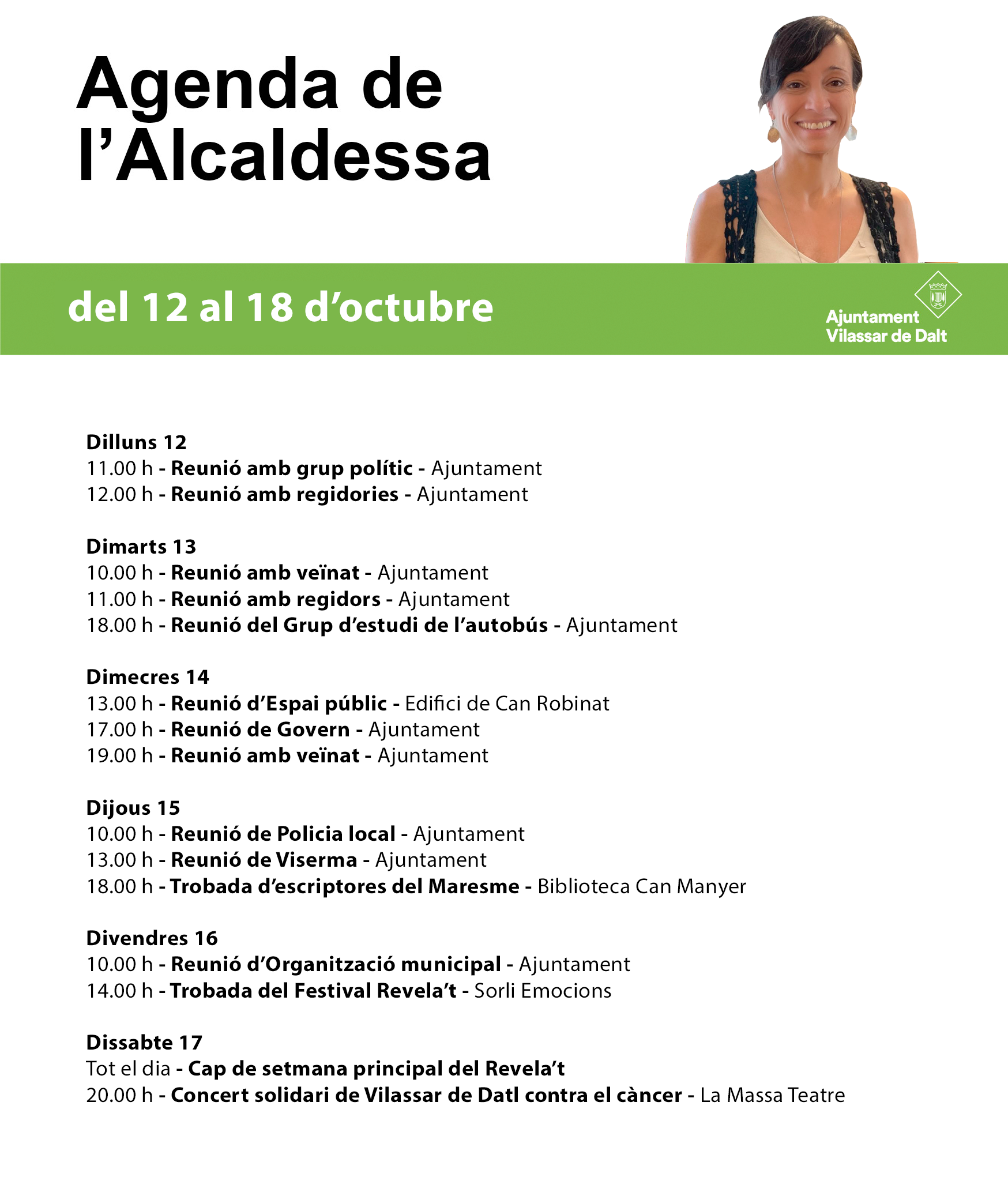 Agenda de l'alcaldessa. Del 12 al 18 d'octubre