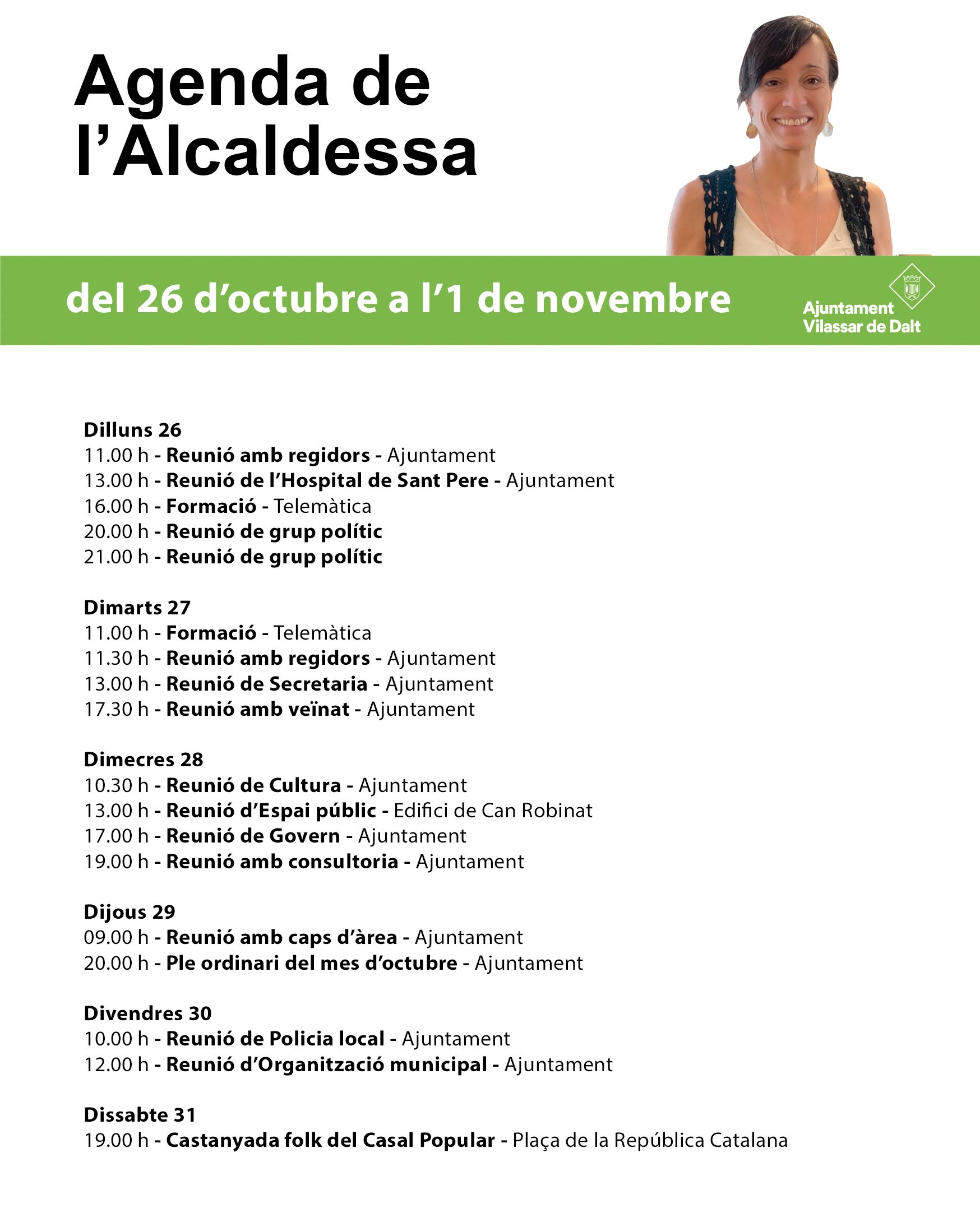 Agenda de l'alcaldessa. Del 26 d'octubre a l'1 de novembre